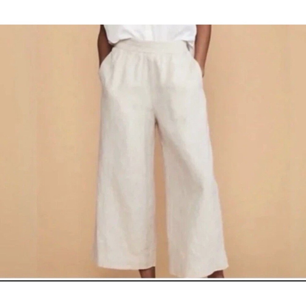 Lou & Grey Loft Wide Leg Crop Linen Pants Womens Large Beige Elastic Waist